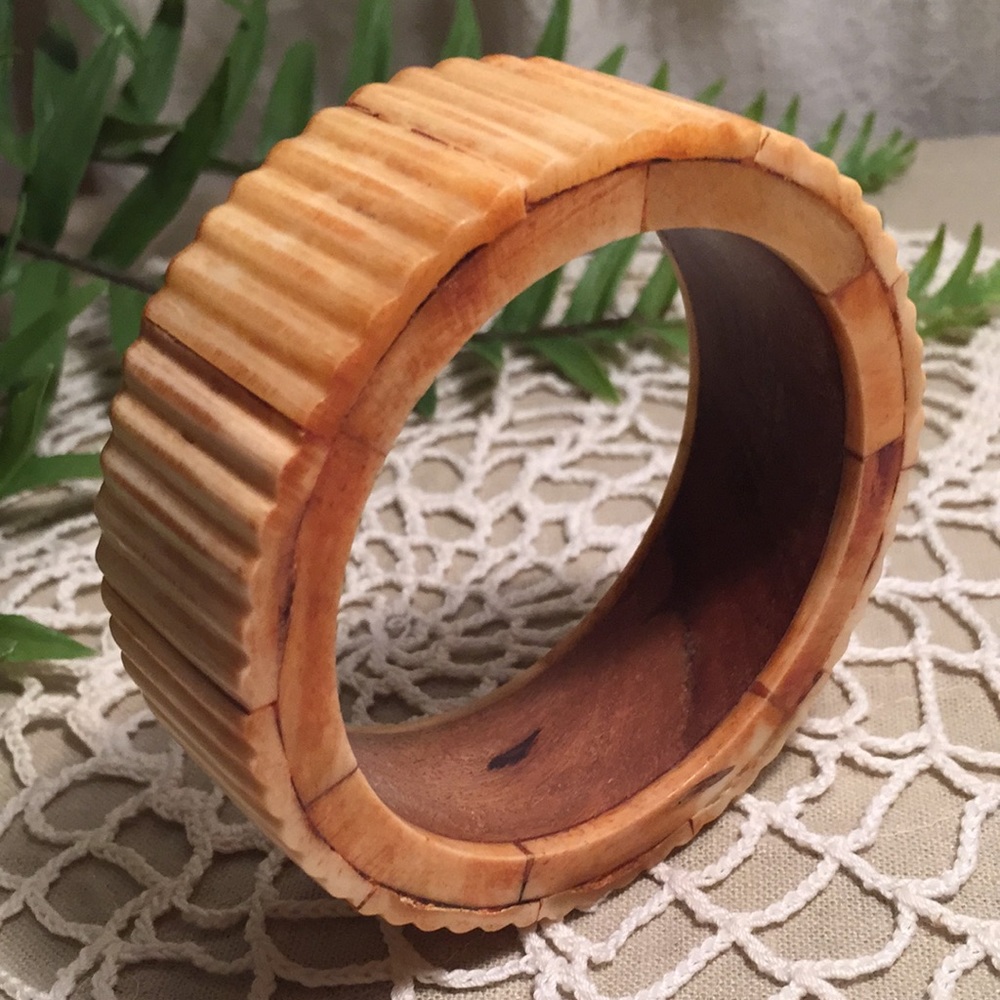 Large Carved Wood And Bone Bangle Bracelet